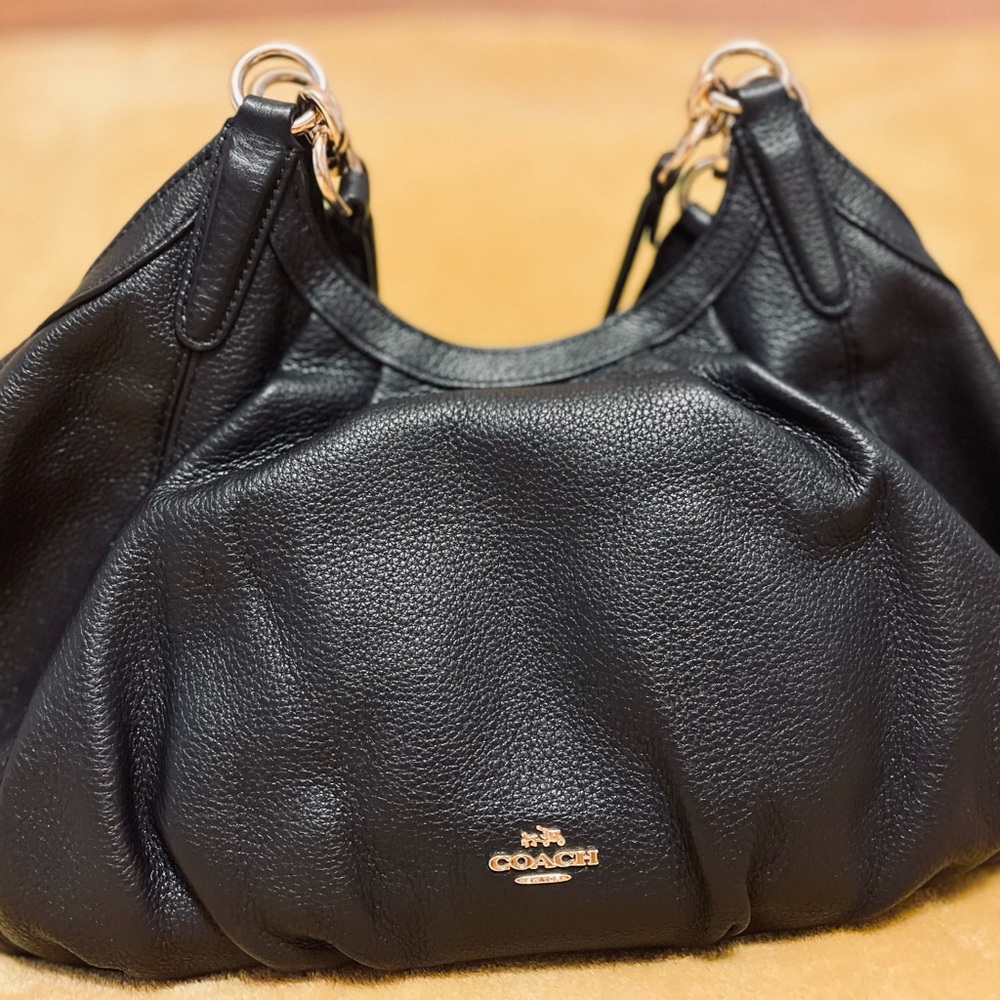 Coach Black Leather Shoulder Bag with Gold-Tone Hardware